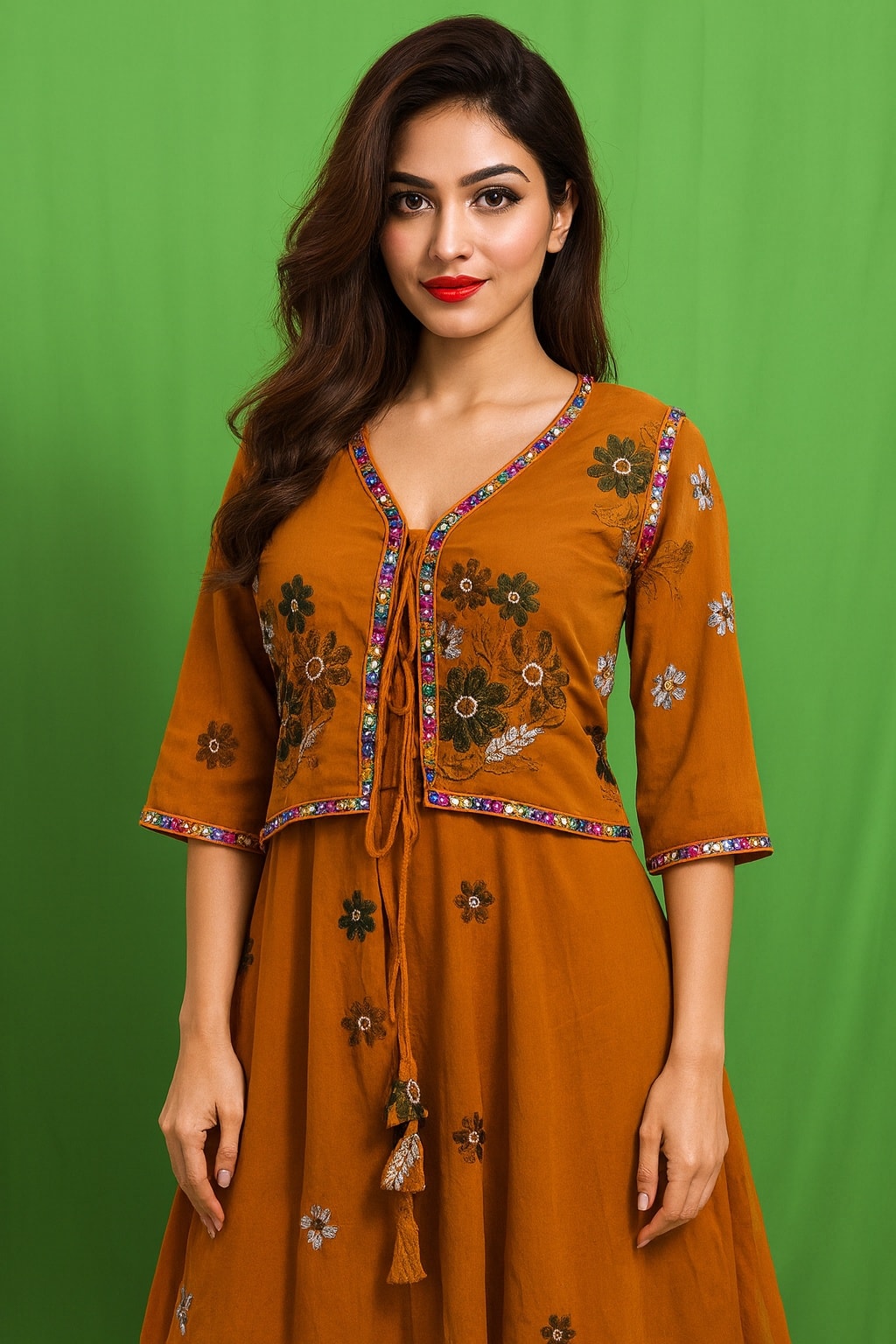 Brown Printed Kurti with Front Tie-Up